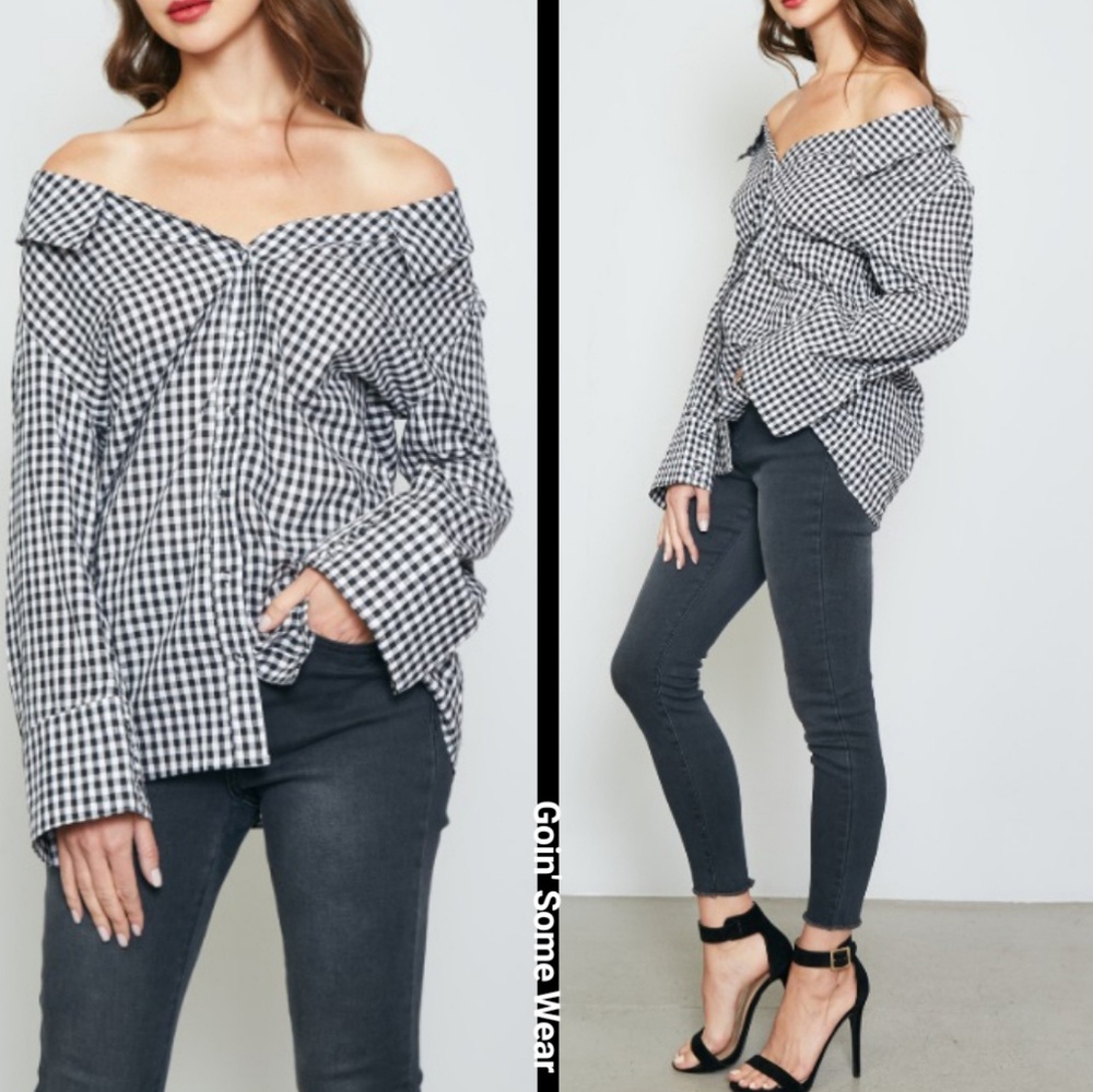Off The Shoulder Gingham  Women's Button Down Long Sleeve Top - Picture 2 of 8